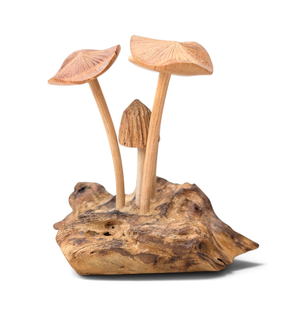 Small handcrafted mushroom figurine made from natural wood