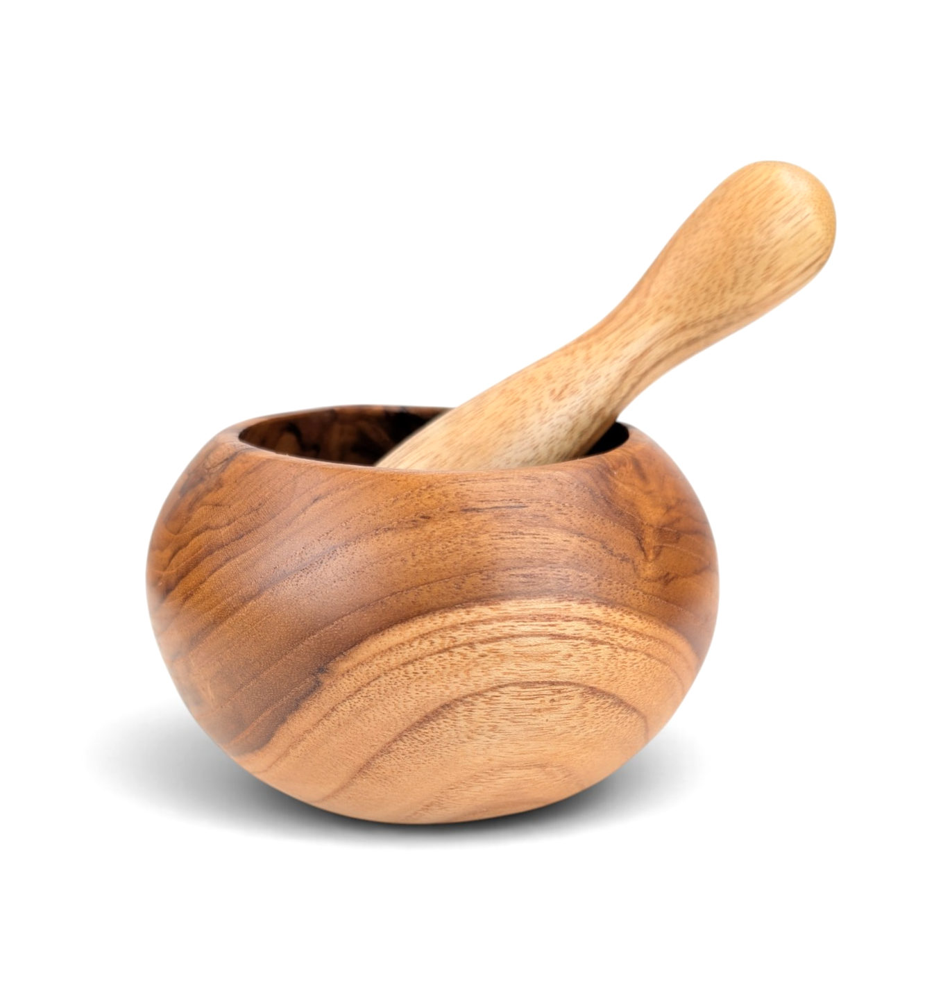 Handmade teak mortar and pestle with natural wood grain