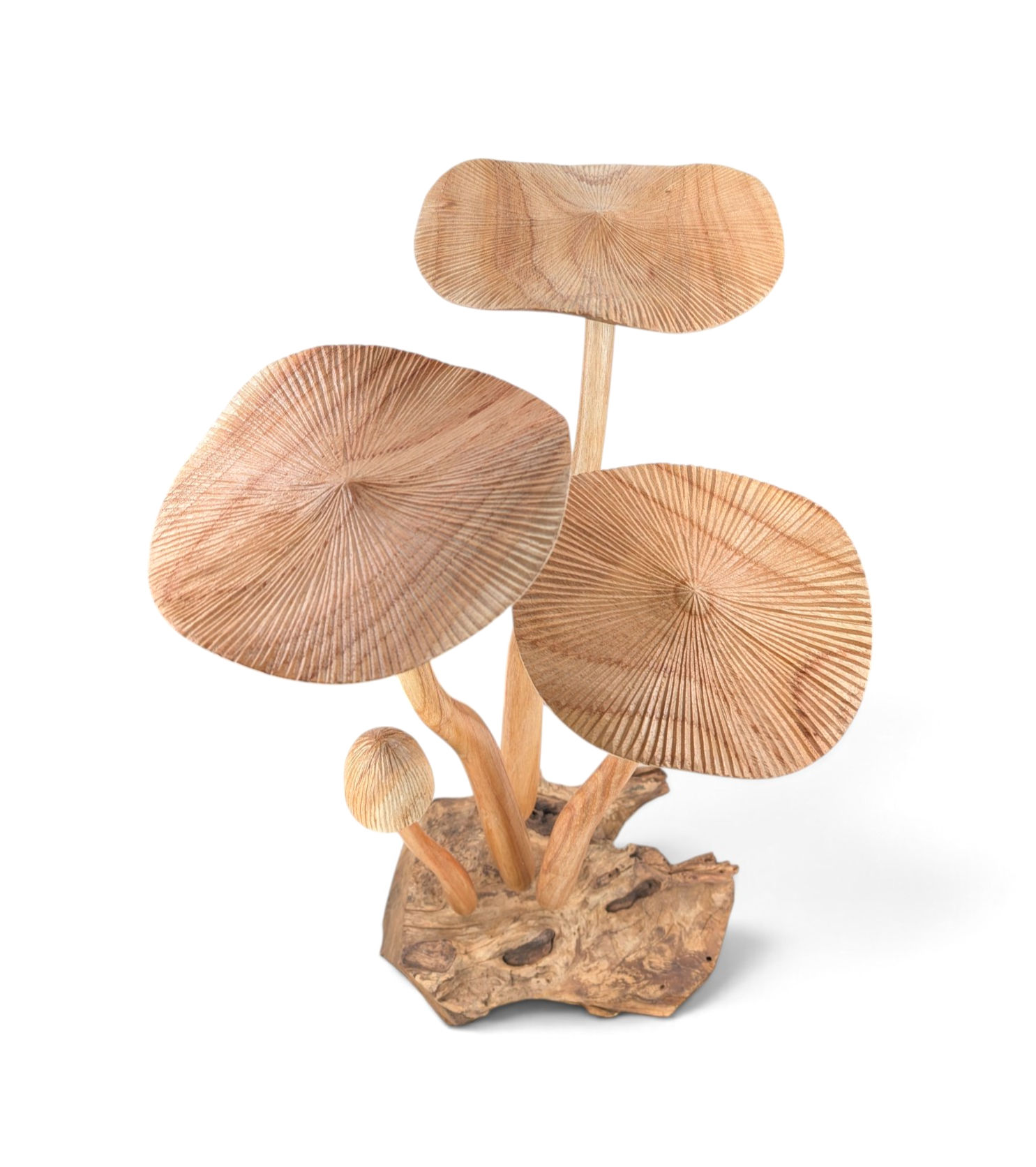 Hand-carved wooden mushroom cluster sculpture