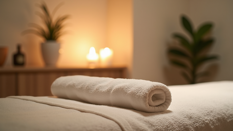 Close-up view of a serene massage therapy room with calming decor and soft lighting