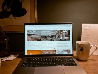 Computador aberto na página do blog sobre uma mesa de trabalho. À direita, um planner mensal e uma xícara de café. À esquerda, livros empilhados e papéis sob uma garrafa de vidro com água. Dentro do copo, uma planta criando raízes, sugerindo crescimento lento e contínuo em um ambiente cotidiano.
