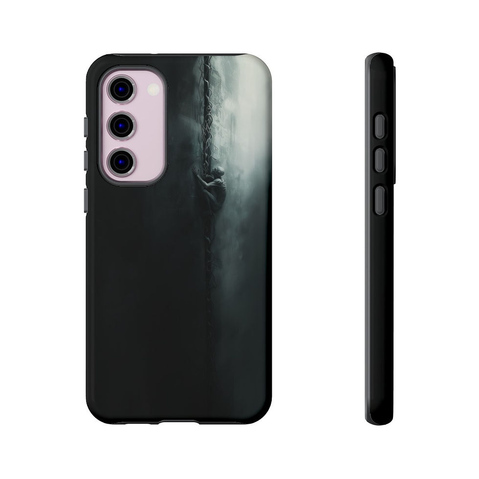 Thumbnail: Grim dark, Lone man climbs a sheer cliff face.  Dark dystopian art cellphone case. Art from the Aether.
