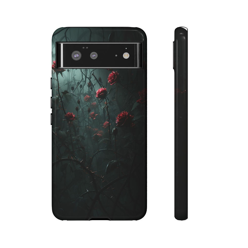 Thumbnail: Grimdark gothic setting of long climbing red roses. Art from the Aether. Cellphone case.