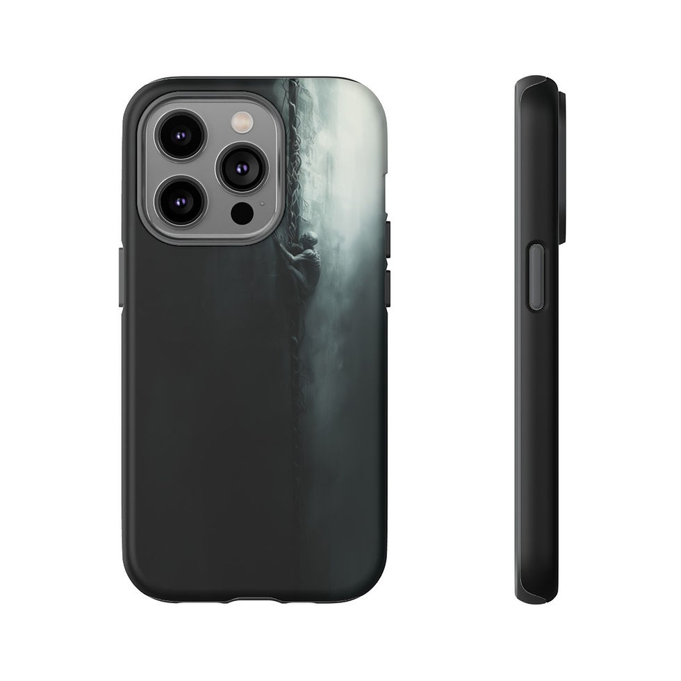 Thumbnail: Grim dark, Lone man climbs a sheer cliff face.  Dark dystopian art cellphone case. Art from the Aether.