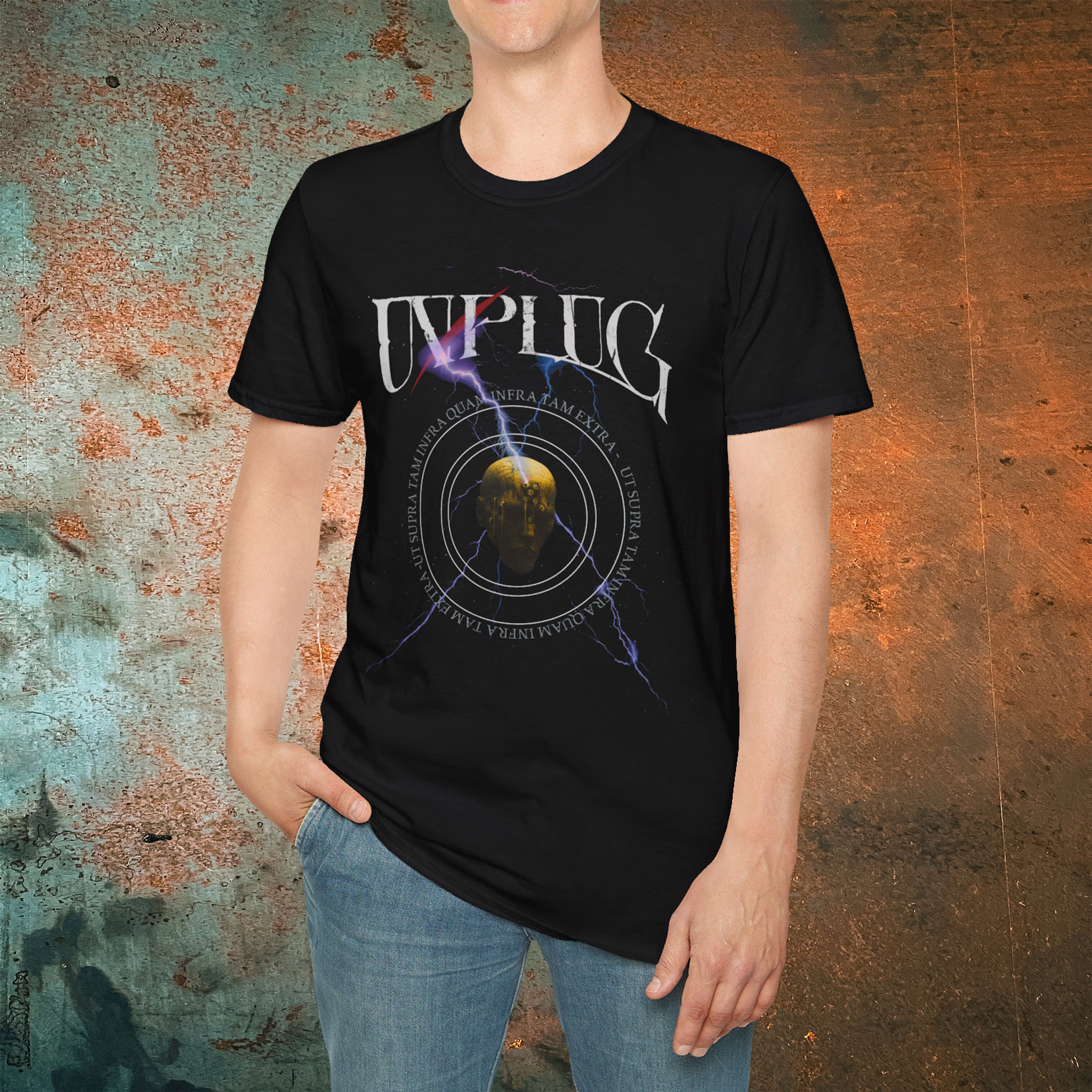 Front mock up of cyber punk art print t-shirt.