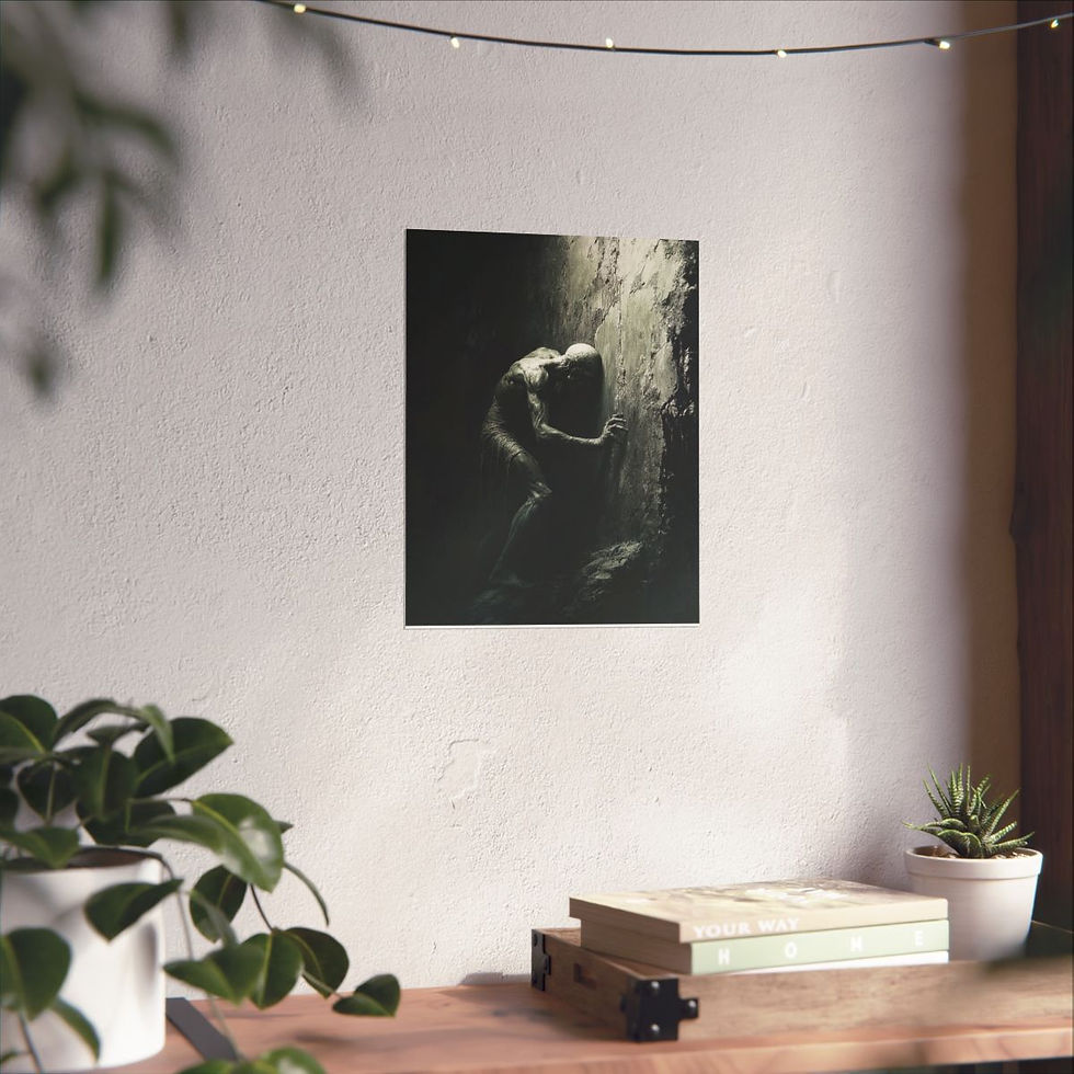 Thumbnail: Professional black and white horror print.  Man climbs up a cliff in the dark world of the aether. Occult gothic art print