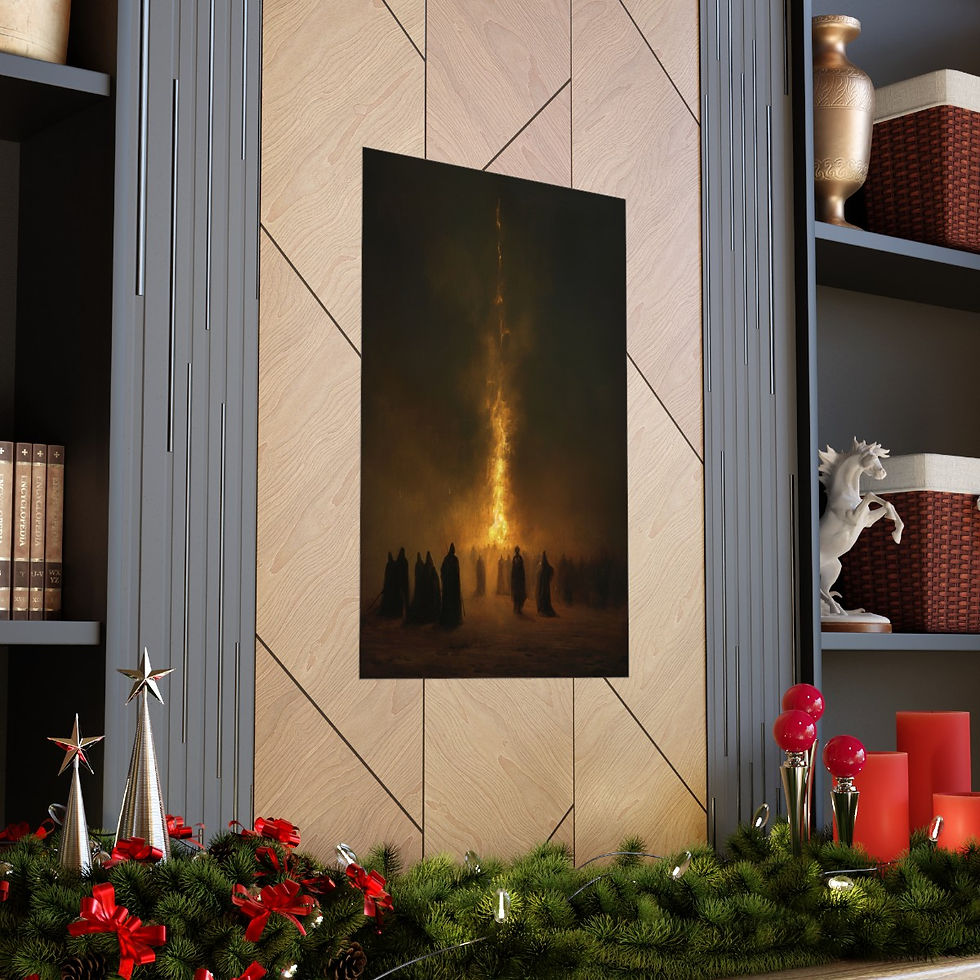 Thumbnail: Witch burnt at the stake in grim dark oil painting print. Art From The Aether. wall art Mockup