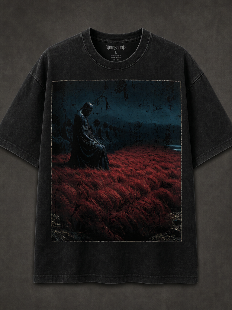 Thumbnail: Dark Gothic Scythe Scene T-Shirt — Grim Reaper in Red Field Graphic Tee