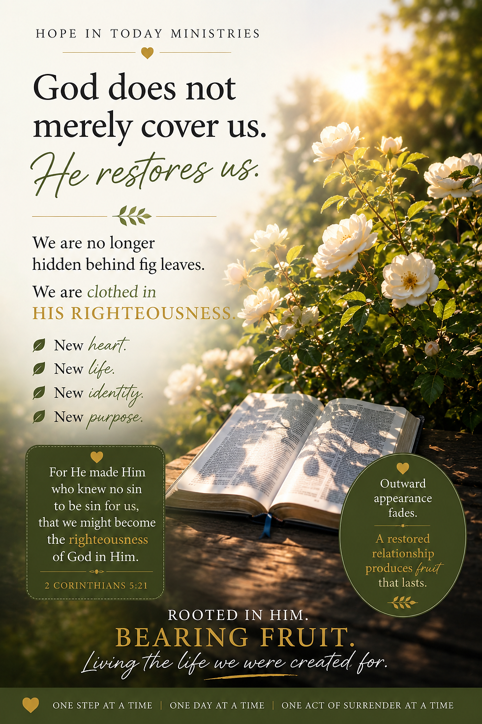 Bible and flowers in sunlight representing being clothed in the righteousness of Christ and growing spiritual fruit through relationship with God.