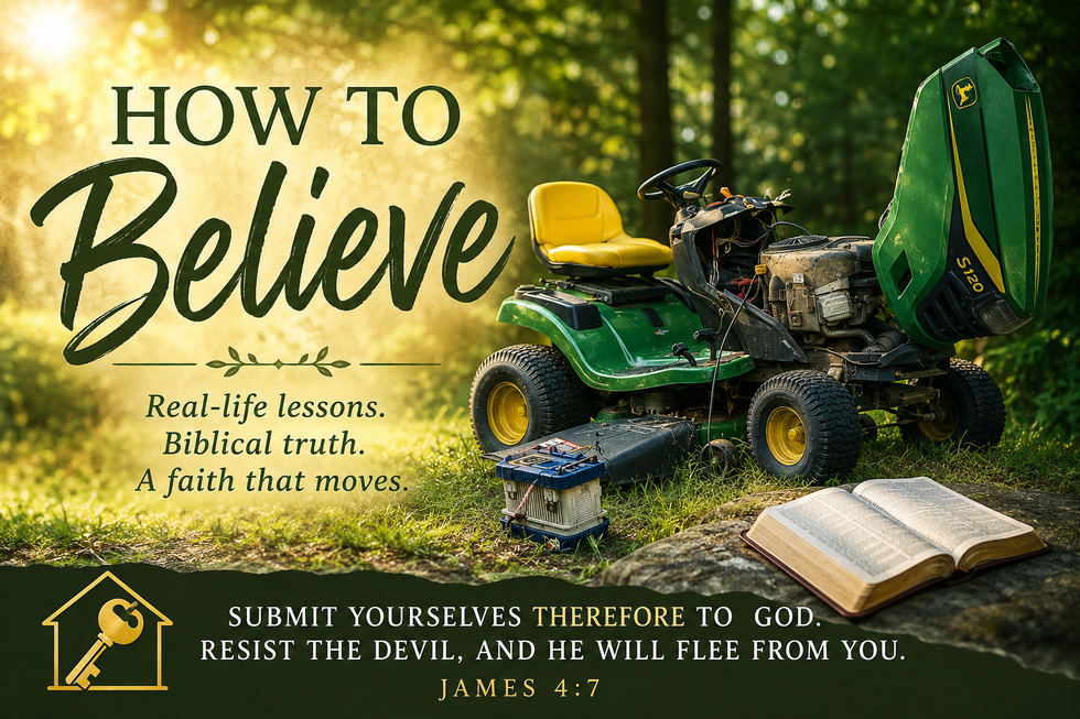 Lawnmower and Bible image representing faith, surrender, obedience, and learning to trust God in real life.
