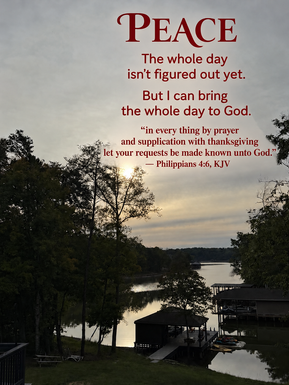 Lake view with “The whole day isn’t figured out yet. But I can bring the whole day to God” and Philippians 4:6.