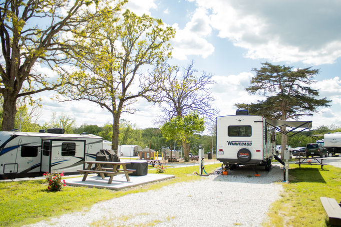 White RV parked at campsite with picnic table and rv parks in joplin missouri