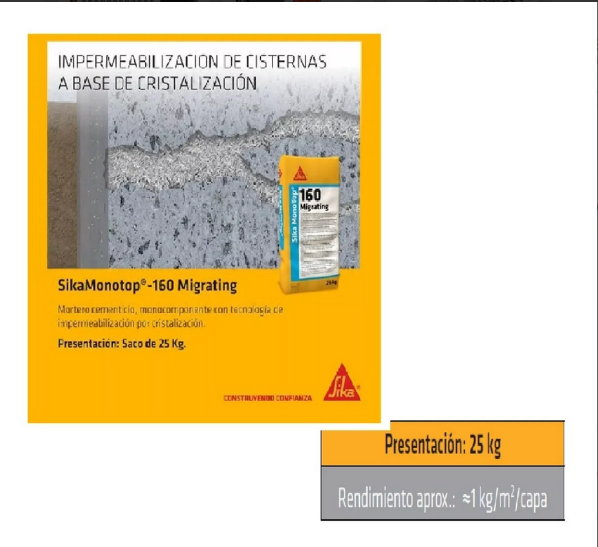 Miniatura: SIKA MONOTOP-160 MIGRATING MORTERO IMPERMEABILIZANTE PARA TANQUES X 25kg
