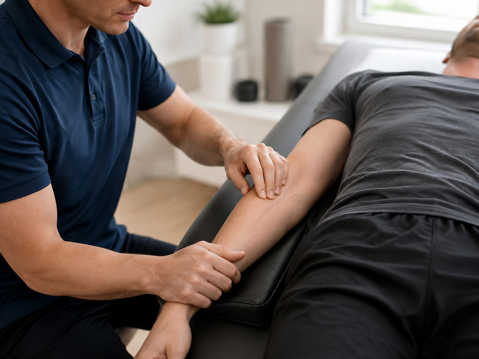 De fysiotherapeut voert een littekenmassage uit op de arm.