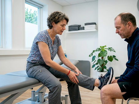 De fysiotherapeut doet samen met de patiënt een oefening.