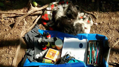 Outdoor studio with dog, an earlier iteration of what's inside the bag
