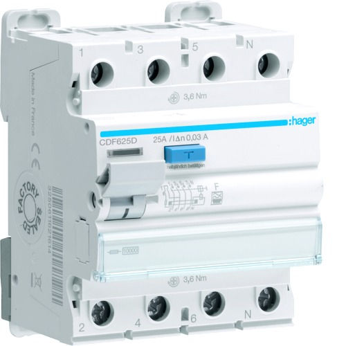 CDF625D Hager Пристрій захисного відключення ПЗВ 4P 10kA 25A 30mA F