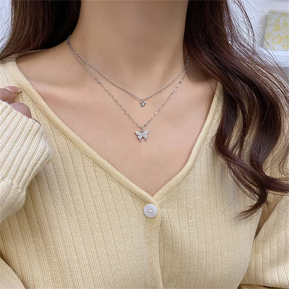 New Shiny Butterfly Necklace Ladies Exquisite Double Layer Clavicle Chain Neckla