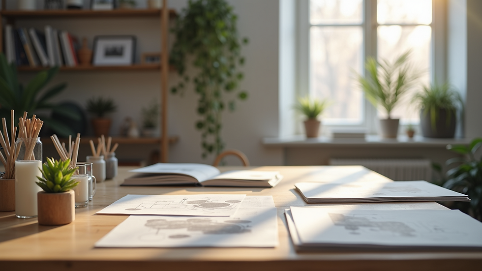 Wide angle view of a design studio with samples