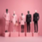four pink and black mannequins, two female and two male, showcasing a variety of haute cot