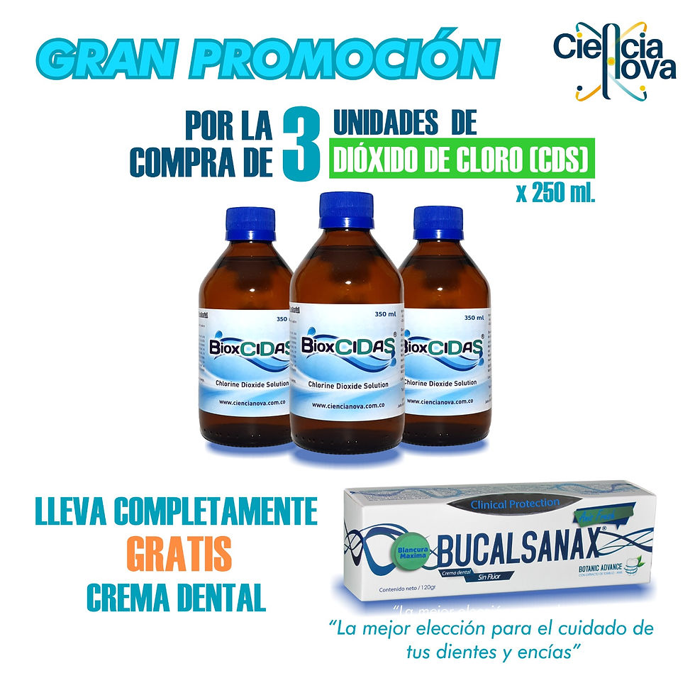 Frasco de Dióxido de Cloro 3000 ppm x 250 ml de Ciencia Nova, solución purificadora ideal para desintoxicar el cuerpo, mejorar la salud celular y apoyar la limpieza interna de manera efectiva y natural.
