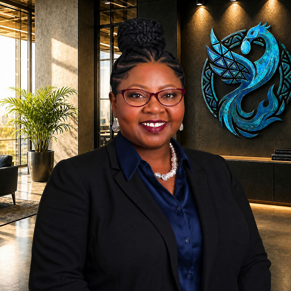 Smiling Black woman wearing glasses, with blue Sankofa Rising emblem.