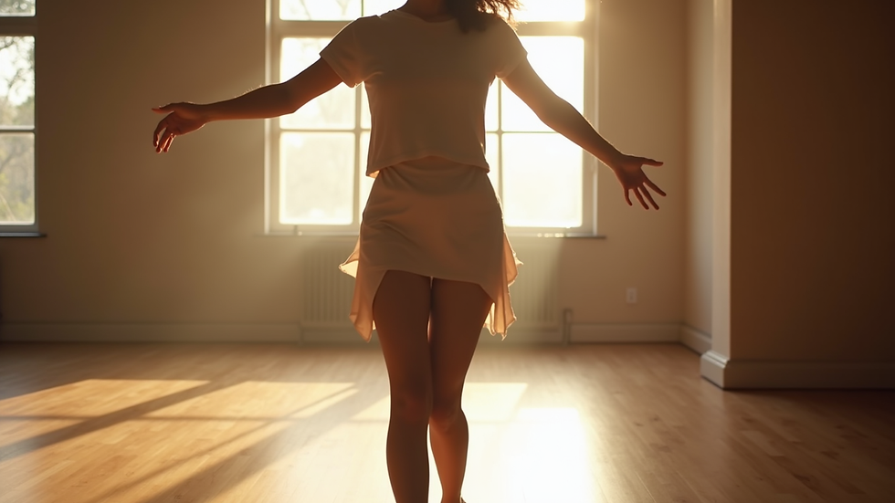 Close-up view of a dance studio with a single dancer practicing worship movements