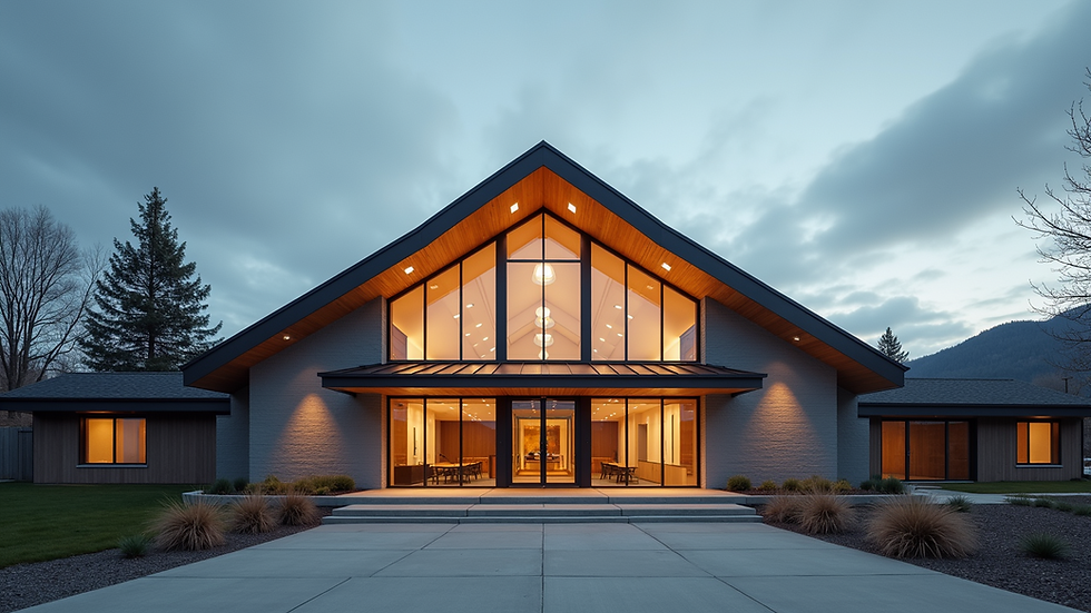 Eye-level view of a modern worship center building exterior