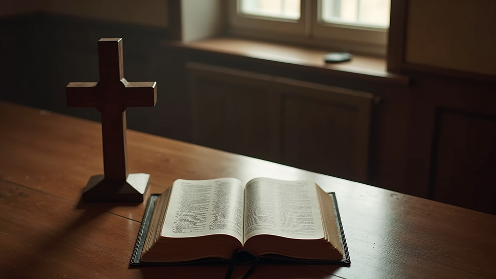 High angle view of a quiet room with a cross and open Bible on a wooden table
