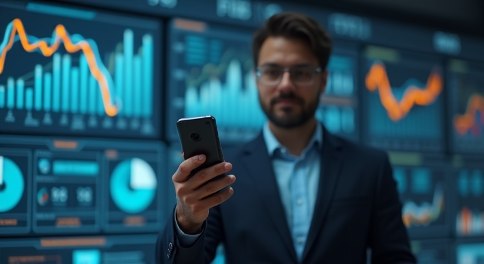 Field sales representative using Front Row CRM on mobile device with dashboard and charts in background