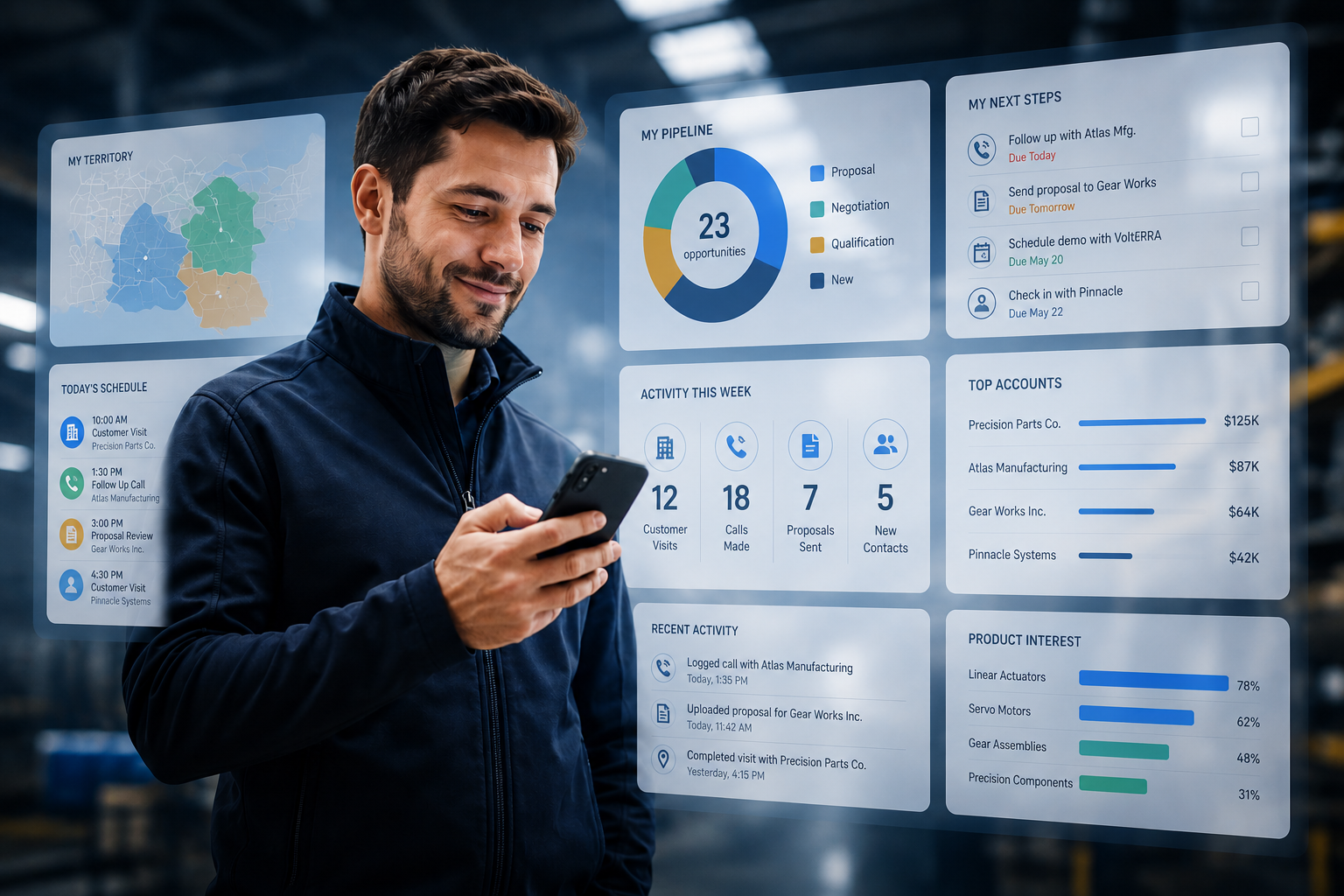 Front Row Solutions analytics dashboard showing pipeline value, forecasts, account breakdown, and rep performance