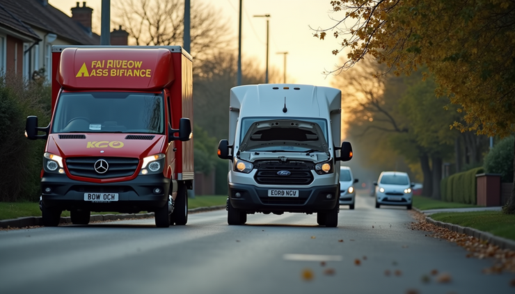 Eye-level view of a roadside assistance van parked near a car with an open hood in Essex