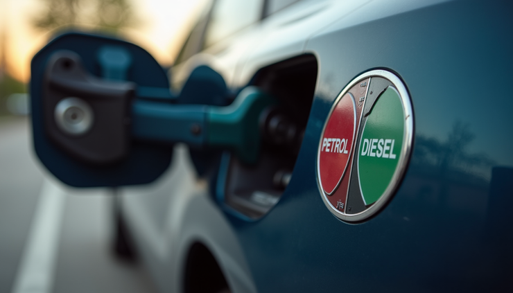 Close-up view of a car fuel filler cap with a warning sign about fuel types