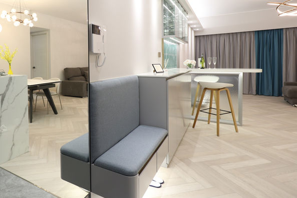 入門玄關設計鞋櫃換鞋椅全身鏡TV電視櫃組合櫃Bar台吧台水紋玻璃特色瓷磚高級灰