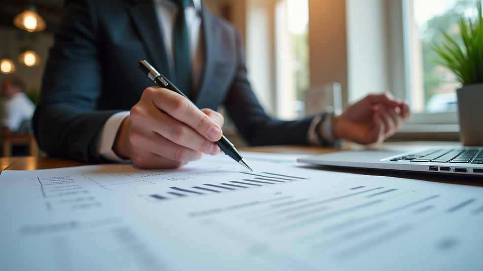 Close-up view of a restaurant consultant reviewing financial reports