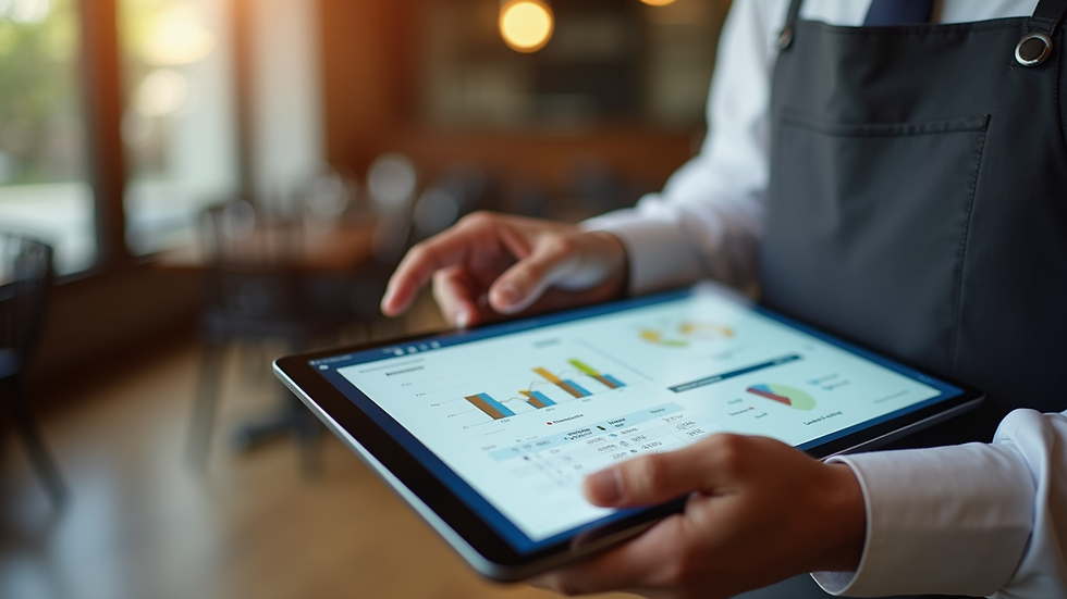 Close-up view of a restaurant manager reviewing financial reports on a tablet