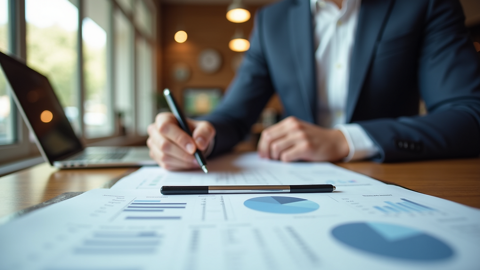 Close-up view of a consultant reviewing restaurant financial reports