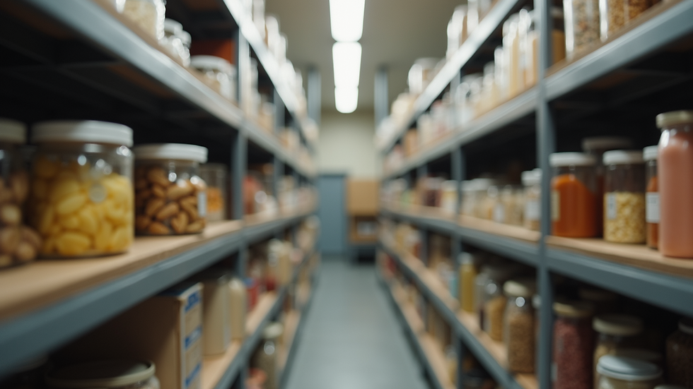 Close-up view of kitchen storage shelves with food supplies