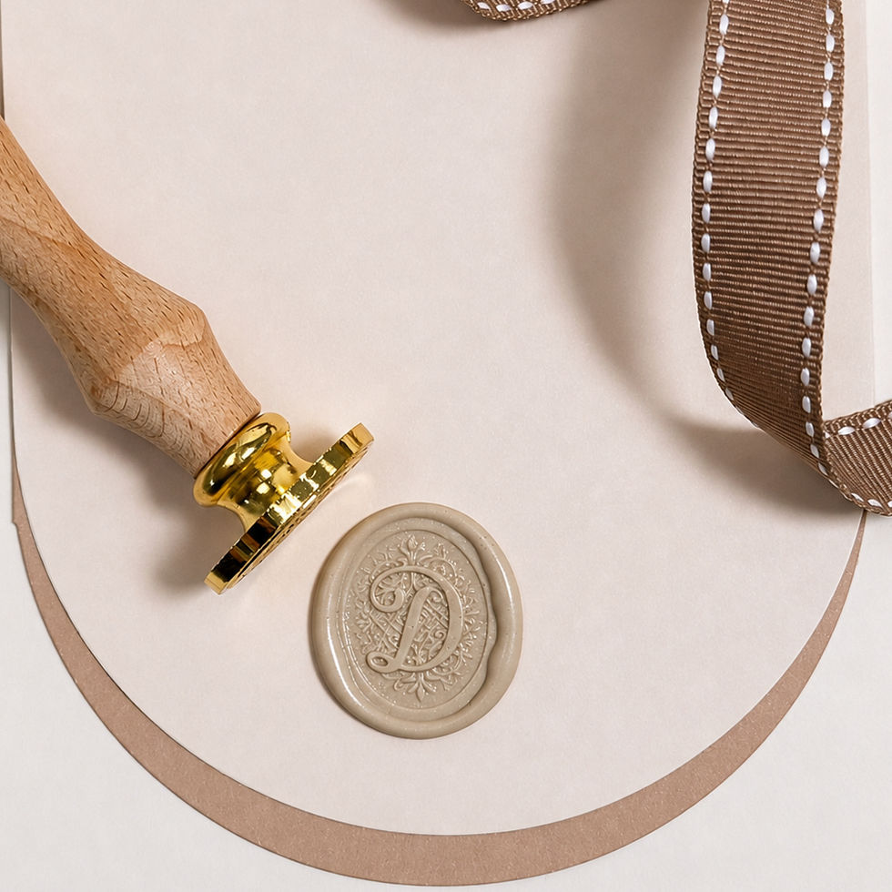 Close up of Wax Seal & Stamp with the Letter D in Cursive Script on Curved Background with a Ribbon to the side