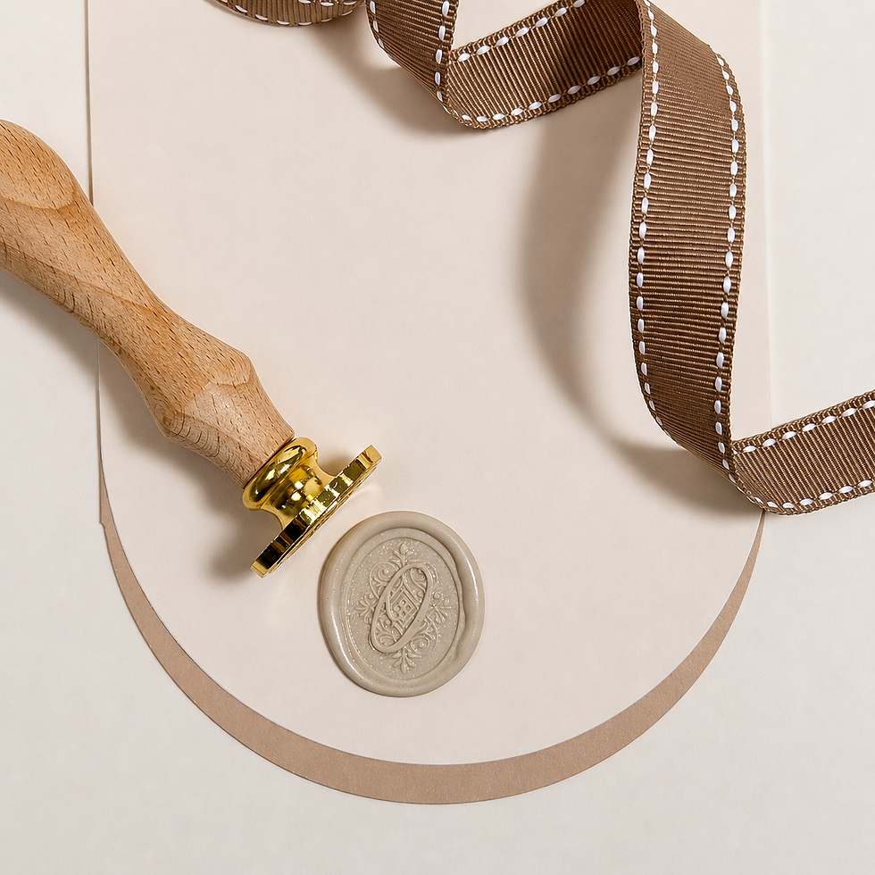 Wax Seal & Stamp with the Letter O in Cursive Script on Curved Background with a Ribbon to the side