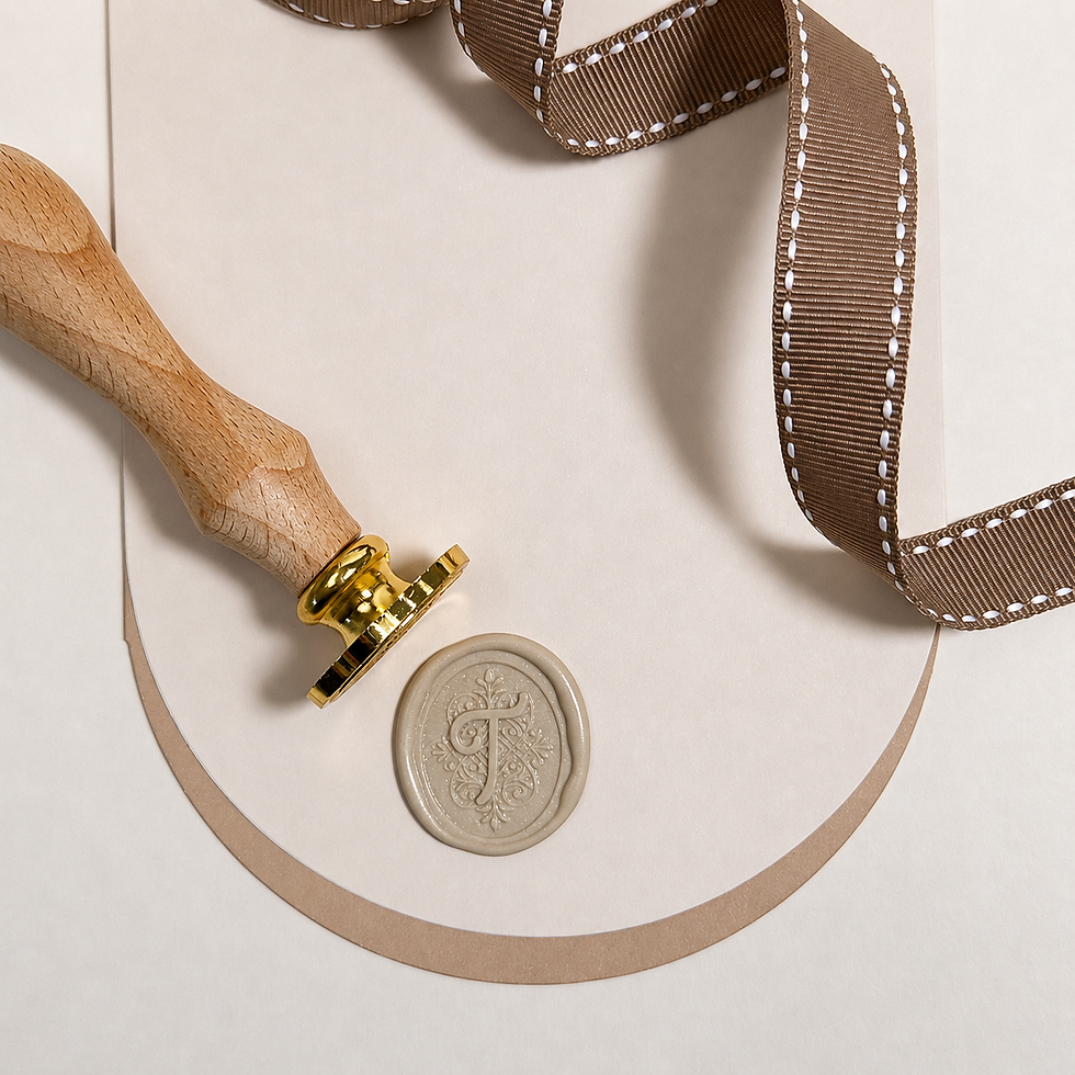 Thumbnail: Wax Seal & Stamp with the Letter T in Cursive Script on Curved Background with a Ribbon to the side
