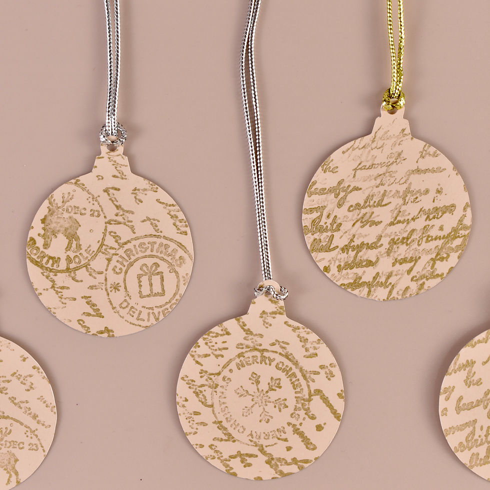 Three Bauble Gift Cards Stamped with Brown Ink Writing and Christmas Motifs