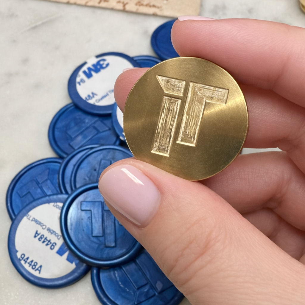 round brass wax seal head with the logo TI engraved in it