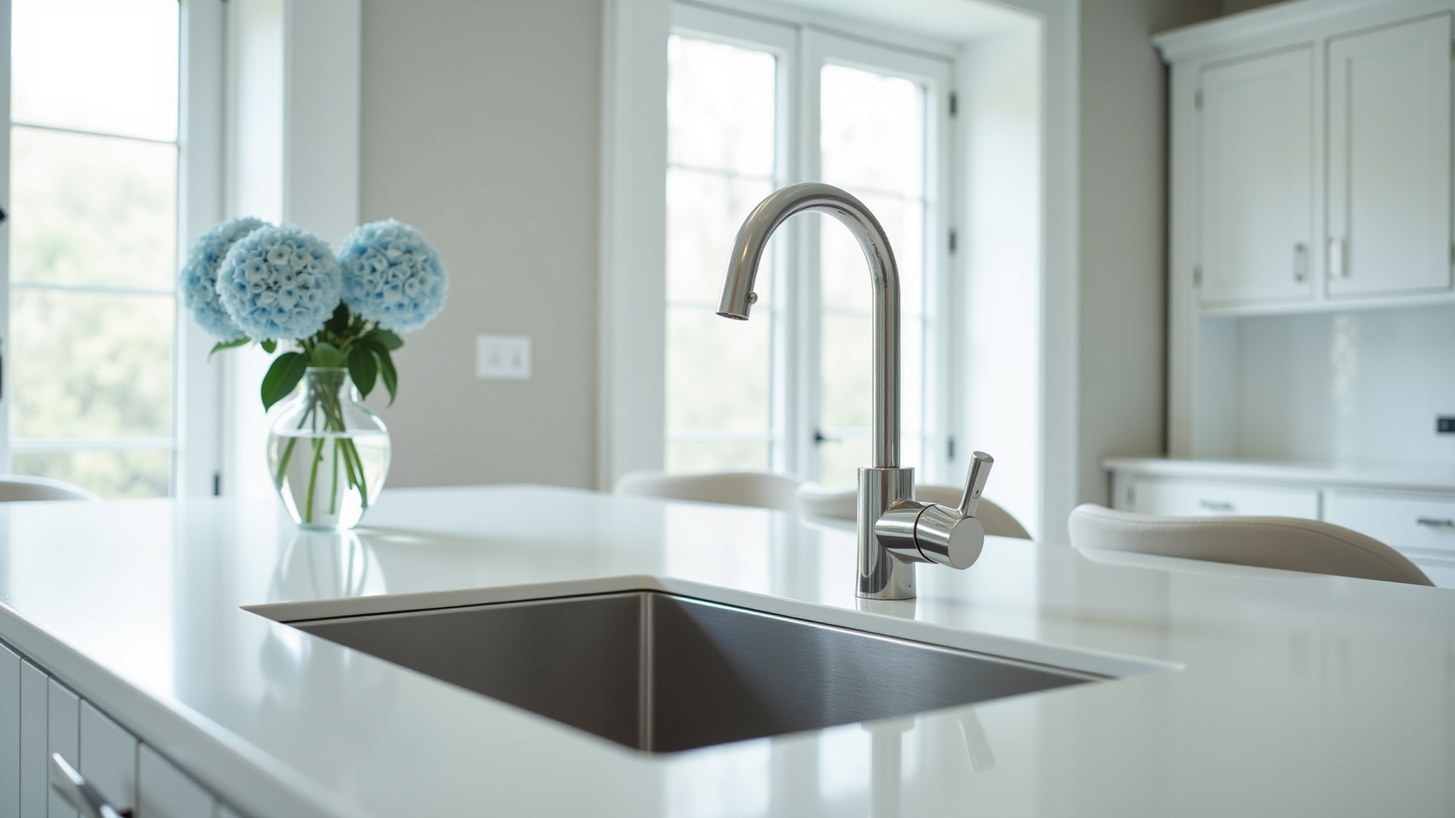 Stainless steel faucet above a sink in a kitchen setting.