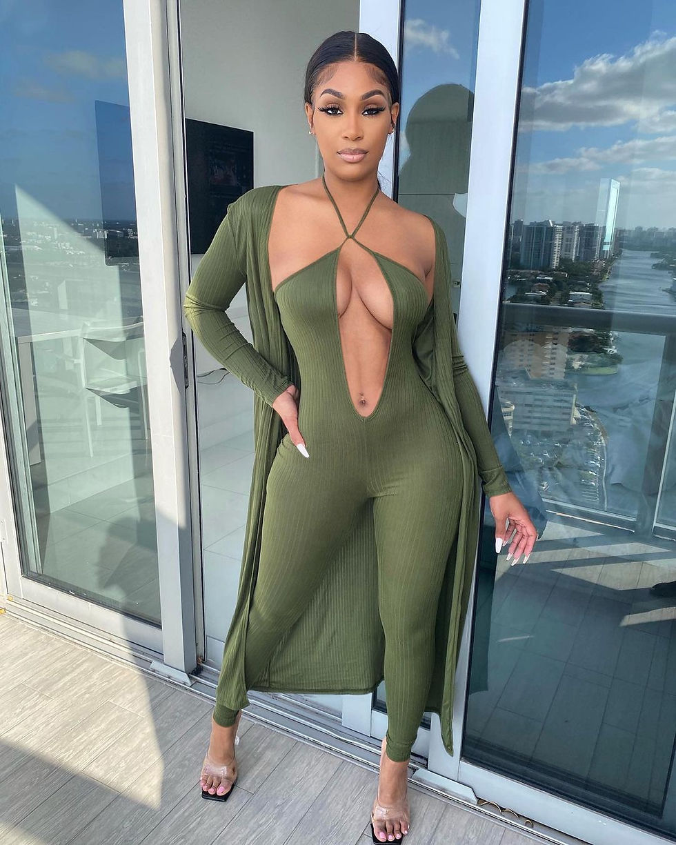 Thumbnail: Long Deep 2 Piece Halter v Neck Jumpsuit Jacket Set