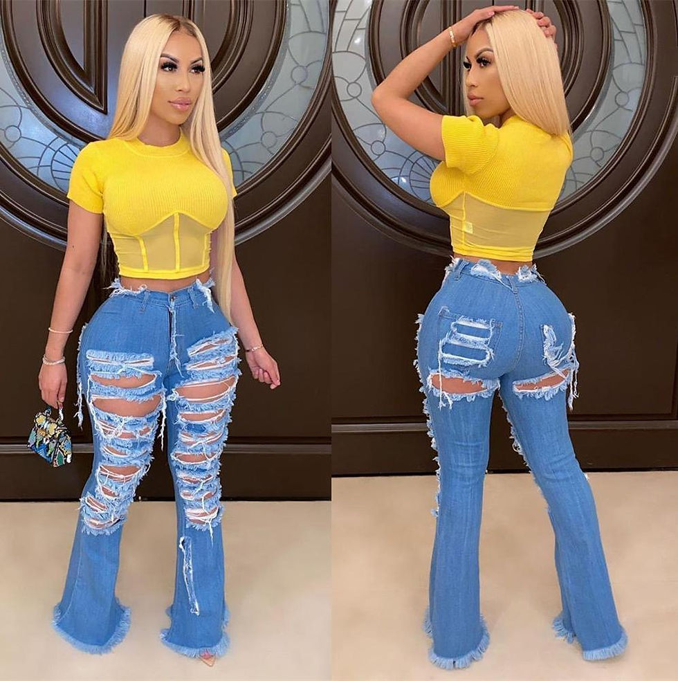 Thumbnail: Women's Wide Leg Ripped Horn Bell Bottom Denim Jeans