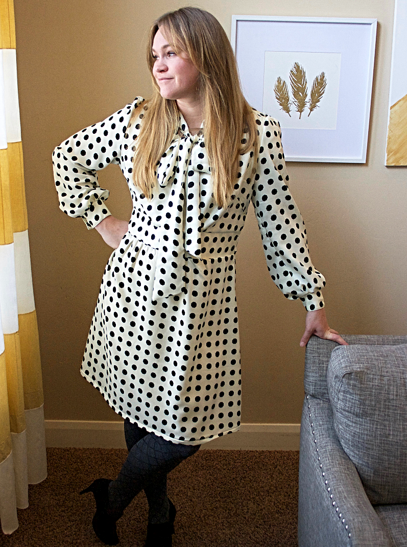 Black and White Polka Dot dress with Bow Tie Burda Pattern 08/2017 #115B
