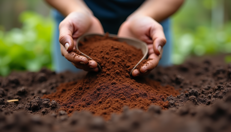 Close-up view of rich coffee grounds spread over garden soil