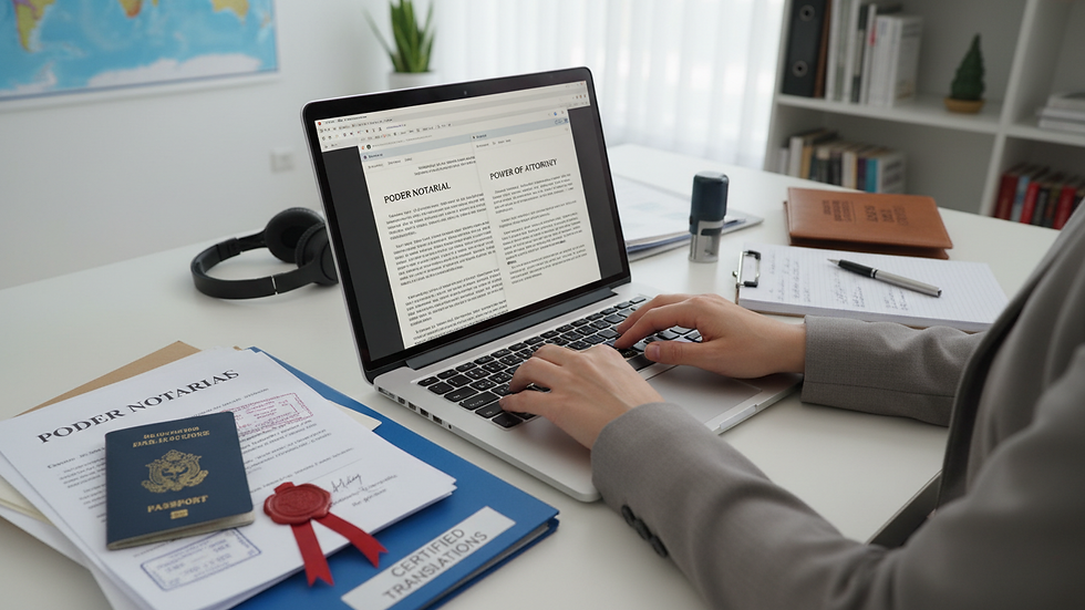 Close-up view of a translator working on a laptop