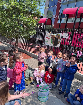 Pre-K children gathered outside school as they release butterflies from a net.